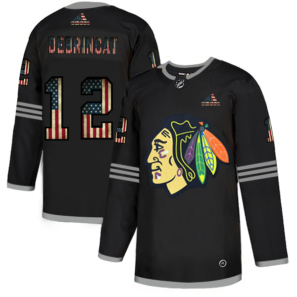 Chicago Blackhawks #12 Alex DeBrincat Adidas Men Black USA Flag Limited NHL Jersey